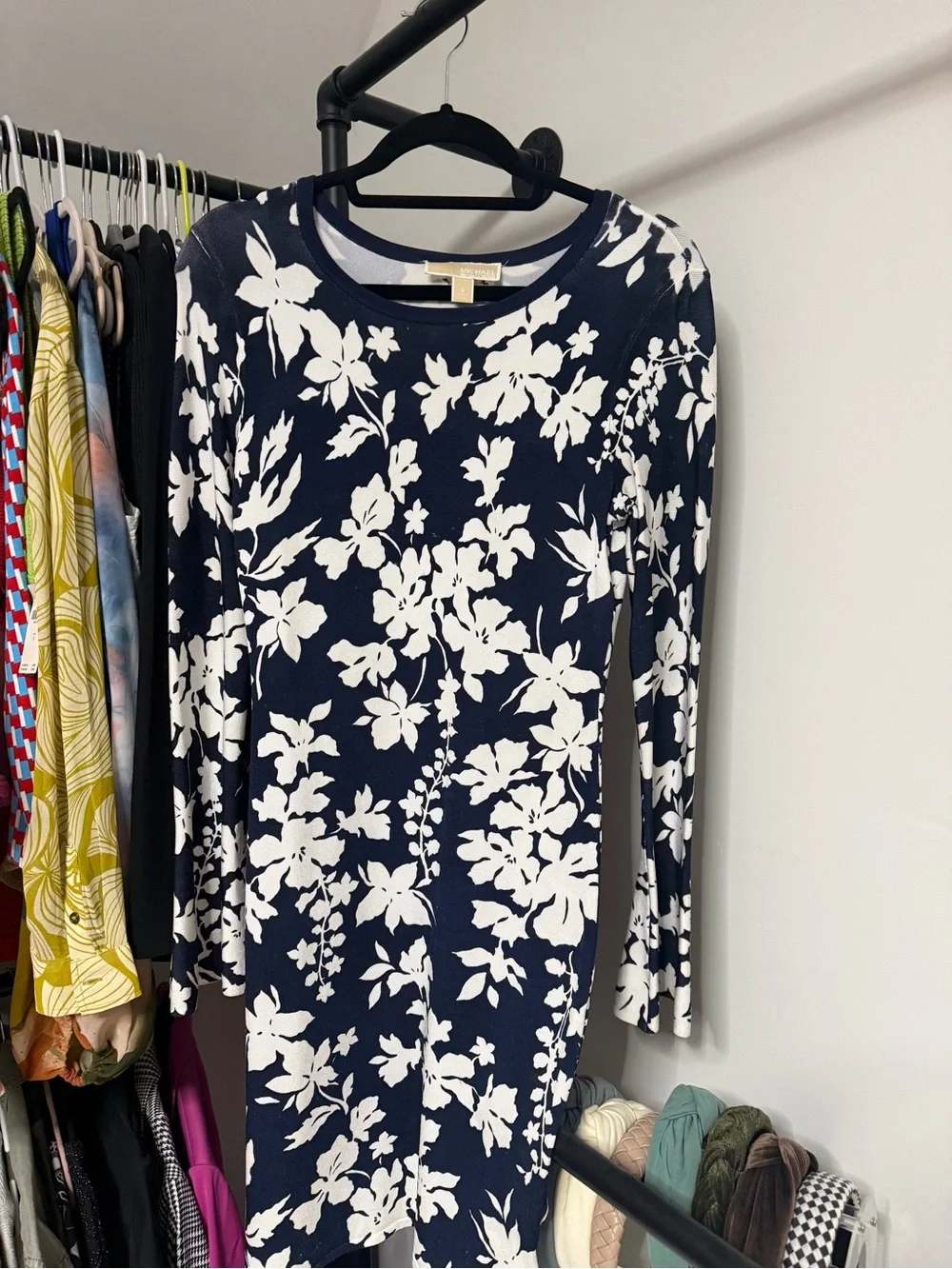 Michael Kors Navy and White Floral Long-Sleeve Dress